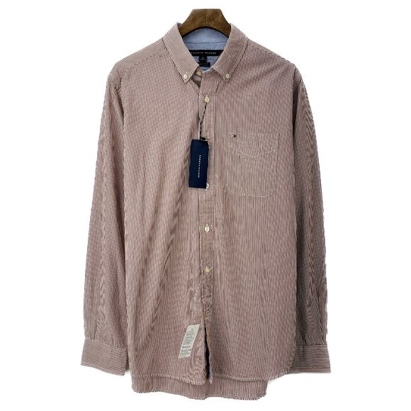 TOMMY HILFIGER Classic Fit Striped Brown Shirt Size S NWT - Picture 1 of 6
